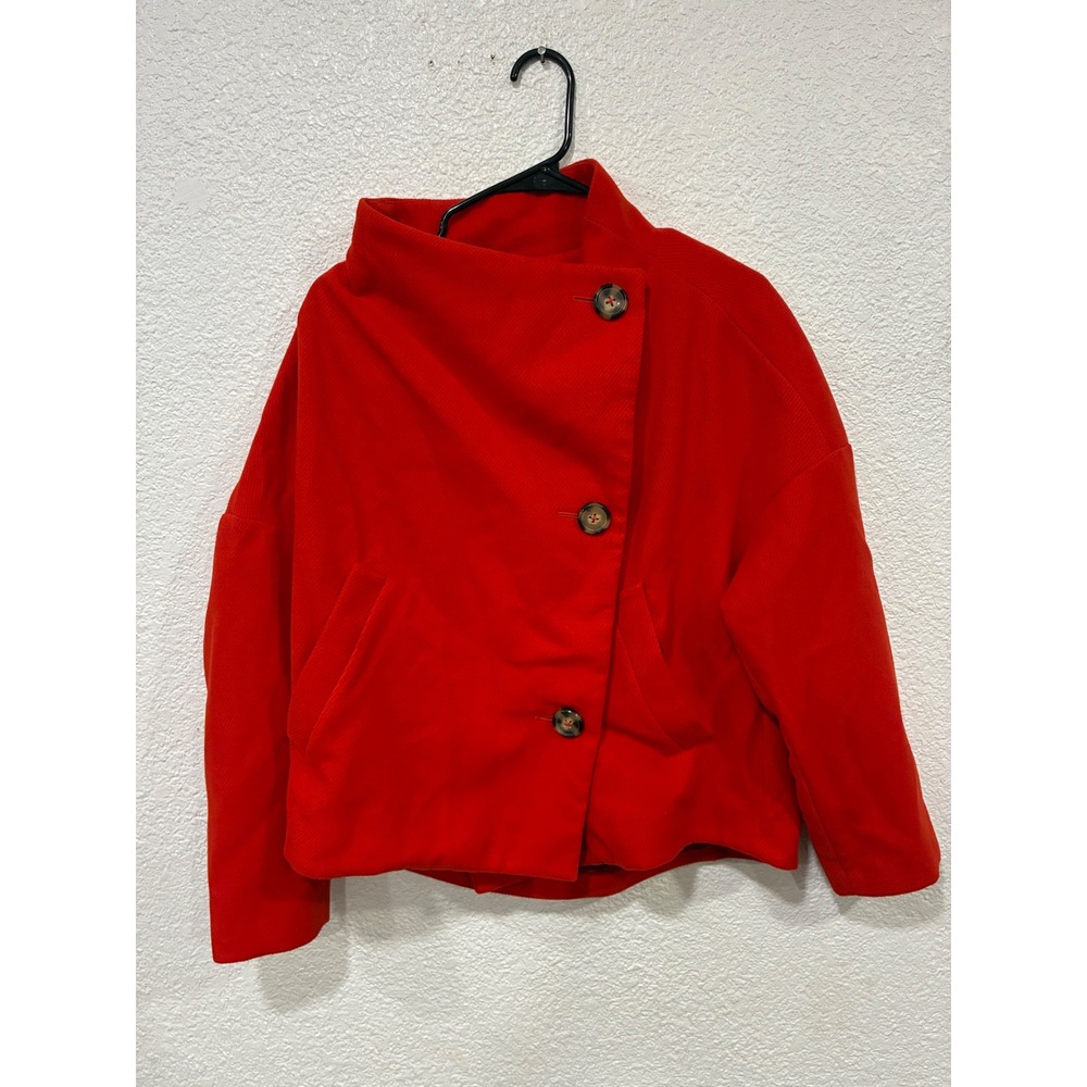 Anthropologie Womens Red Asymmetrical Button Funnel Neck Jacket Small